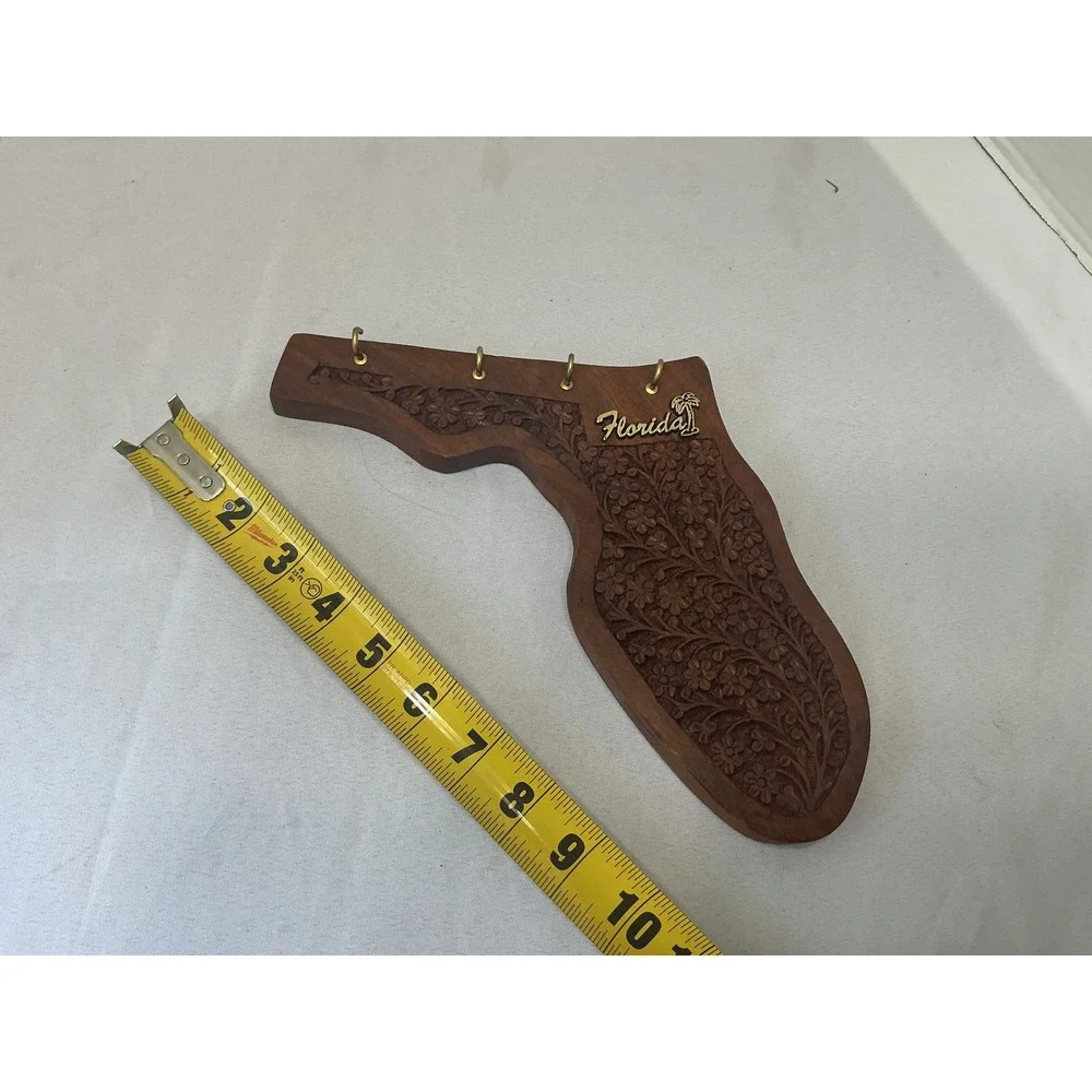 Vintage FL State Shaped Hand Carved Wood Key Holder Wall Decor 4 Hooks India